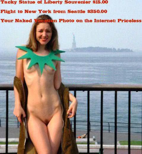 Naked woman dressed up as Statue of Liberty