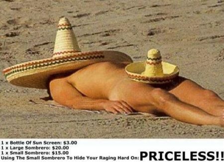 Man sleeping on the beach with two sombreros covering his naked body
